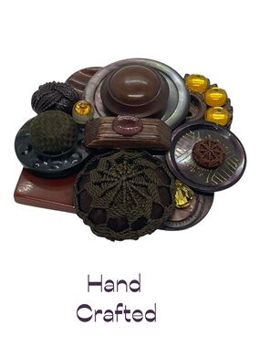 Hand Crafted Brown Gold Antique Button Reimagined Brooch NWT